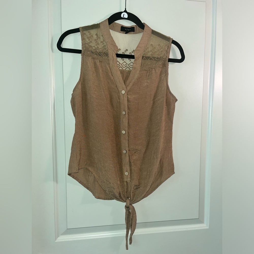 Sleeveless Tie-Front Button Shirt - Taupe PTP 22